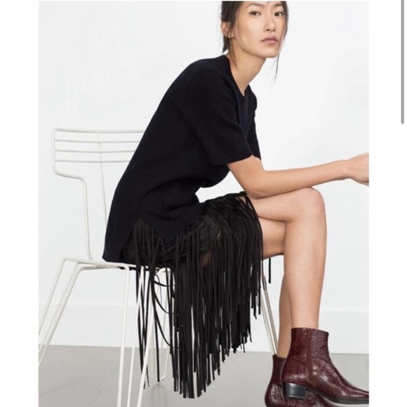 Zara Suede Black Fringe Mini Skirt Size S - Picture 4 of 10